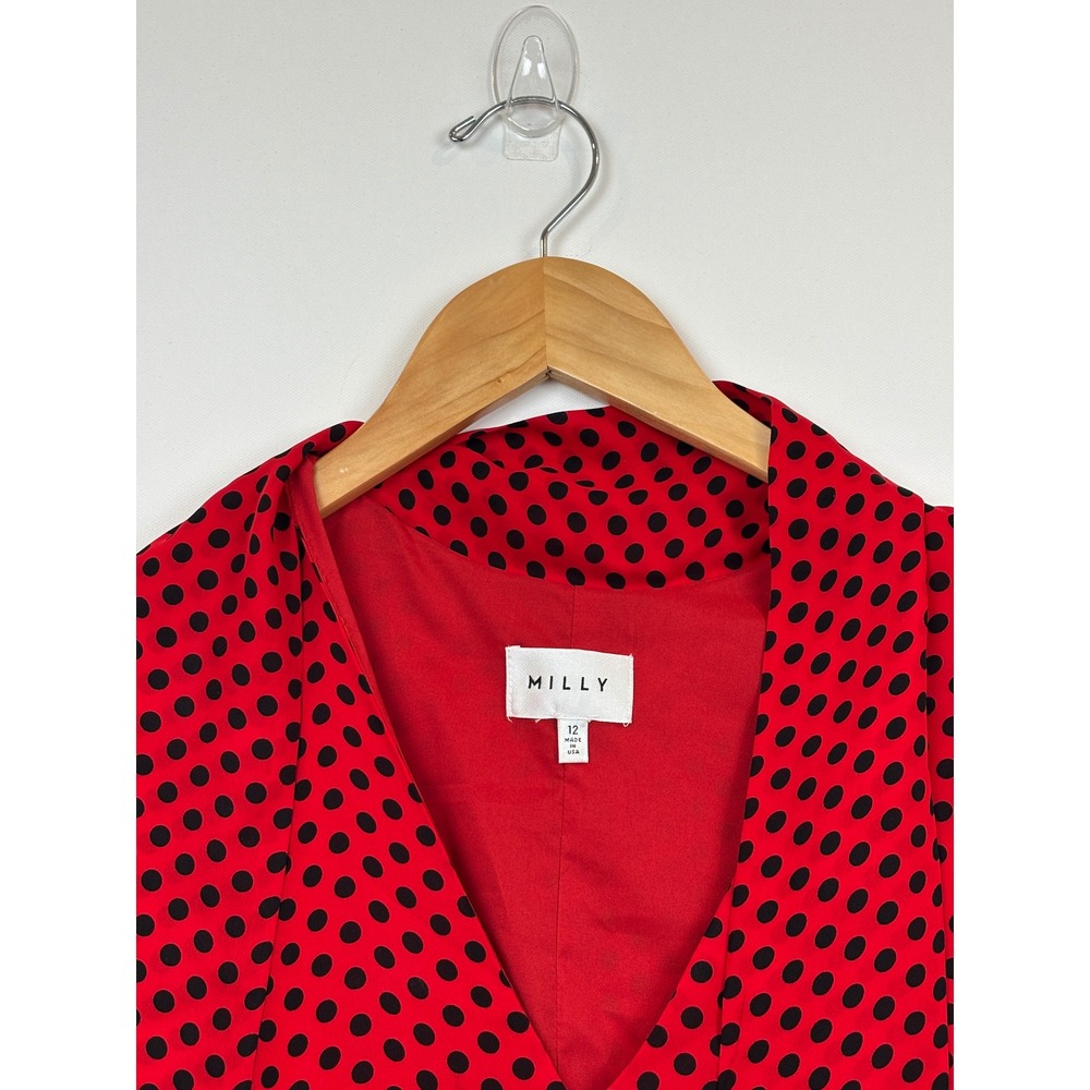 Milly Red Polka Dot Scarf Midi Dress Sleeveless Fit Flare 100% Silk Size 12 USA